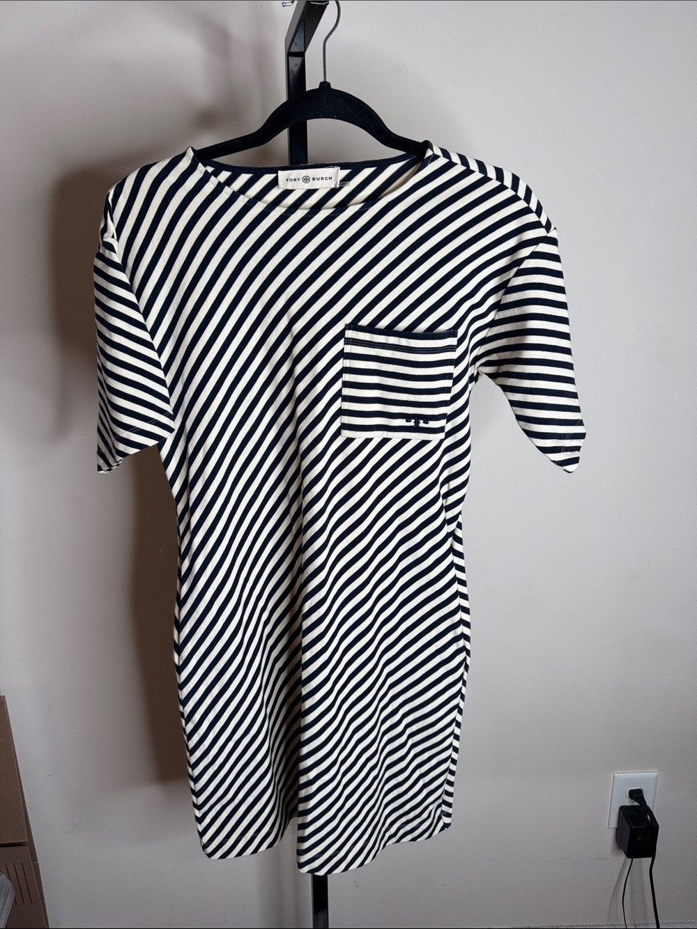 Tory Burch Navy & White Diagonal Stripe Pocket Dress